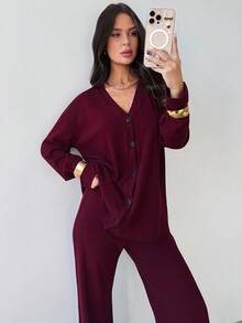 Firerie Ensemble de pull-cardigan bordeaux et pantalon large à taille élastique pour femmes, costume en fausse fourrure tricotée, tenue minimaliste de base, convenant pour le printemps, l'automne et l'hiver, élégant, pour le trajet, décontracté, quotidien, tenue de travail, tenue pour enseignantes