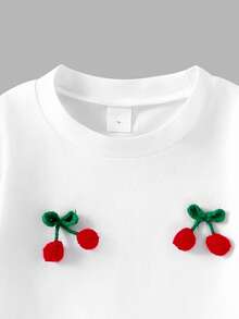 SHEIN ChillGRL 8-12 Years Old Girls 2pcs Set: White Round Neck Long Sleeve T-Shirt With 3D Cute Cherry Decoration, Snug Fit Red Bell-Bottom Pants, Back To School Versatile Comfortable Cute Lively Outfit, Autumn Fall Winter  Christmas - Red - View 3
