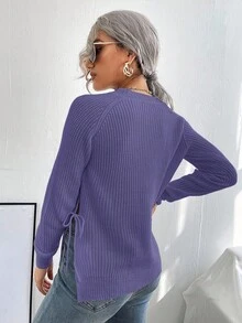 EMERY ROSE Casual Solid Color Side Slit Lace-Up Sweater - Purple - View 2
