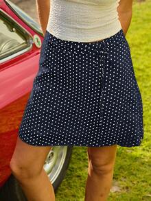 Aralina Winter/ Fall Stockholm Style Polka Dot Chiffon Drwstring Cinching Waistband A Line Midi Skirt Perfect For Vacation And Homecoming Graduation