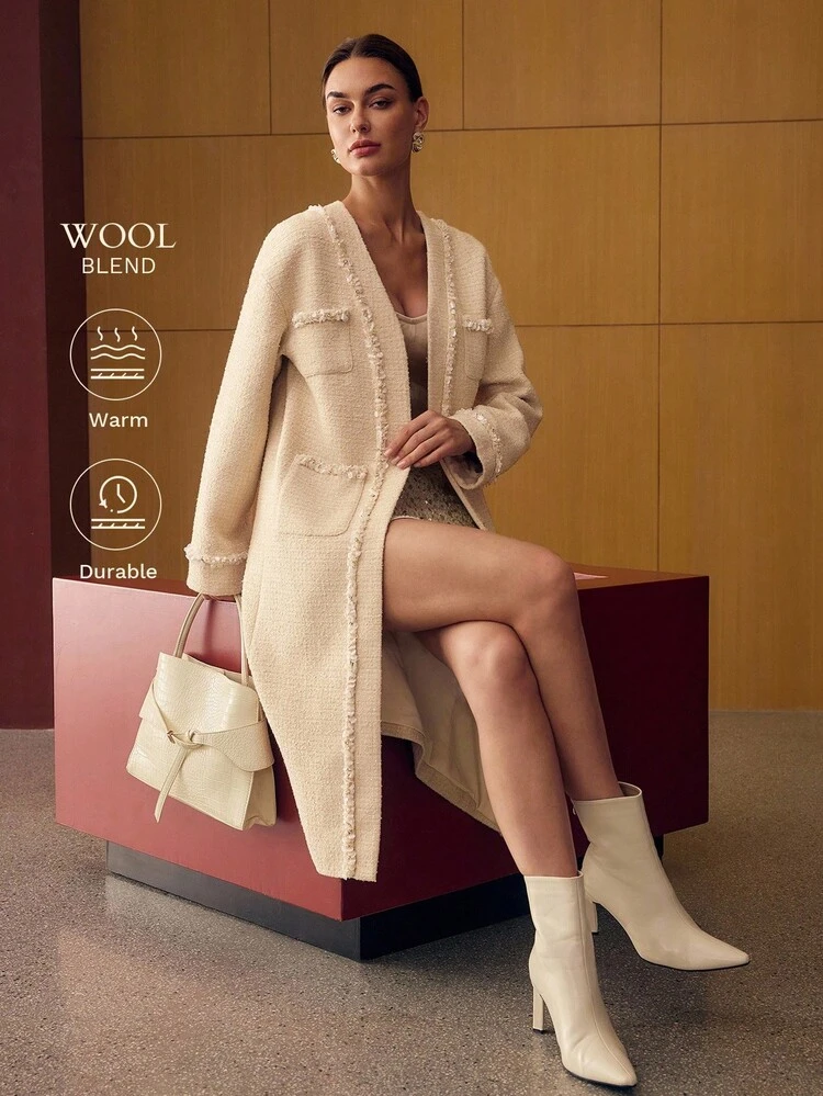 TWEED CONTRAST FAUX PEARL AND SEQUINS EDGE PATCH POCKET OVERCOAT