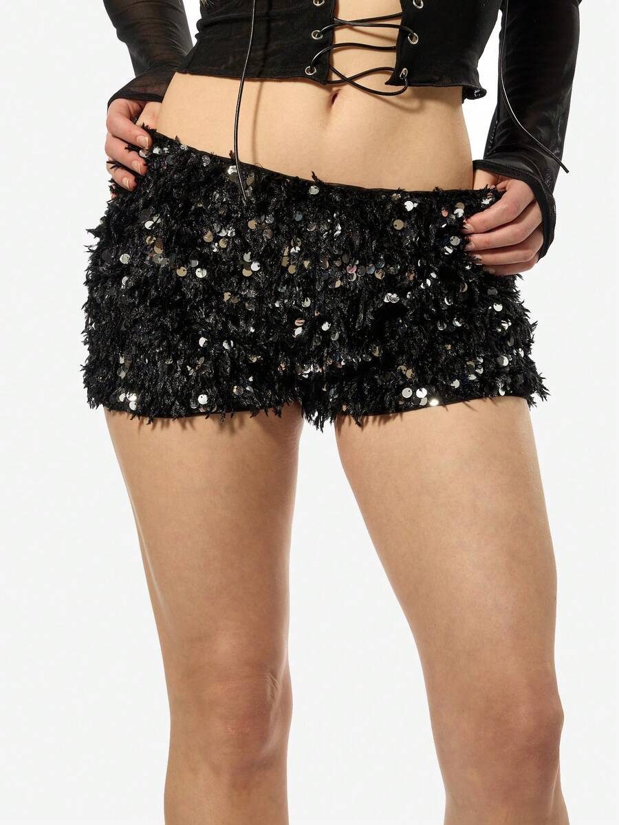 SUMWON WOMEN 亮片装饰短裤派对俱乐部节日低腰闪亮迷你热裤晚间夜总会俱乐部服装引人注目 - 黑色 - 查看 1