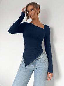 RosyDaze Camiseta de manga comprida com bainha assimétrica e cor sólida, moda minimalista para uso diário casual, blusa básica de manga comprida, blusa preta de manga comprida, blusa feminina de manga comprida, blusa preta de manga comprida