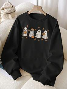 INAWLY Áo nỉ cổ tròn thêu hình ma thường ngày cho lễ Halloween - màu đen - Xem 4