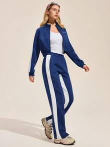 Easithlete 女式撞色长袖短款拉链休闲户外夹克 - 藍白色 - 查看 1