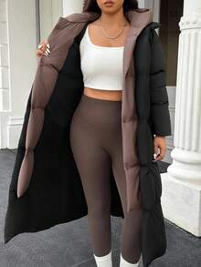 Easura Plus Size Casual Warm Color Block Hooded Padded Coat, Winter Long Jacket For Women Women Winter Clothes Outerwear Women