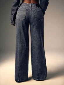 Denimoi Jeans de tiro bajo y pierna ancha lavados con pinzas - Gris - Ver 2