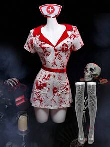 SHEIN Bộ 5 trang phục y tá gợi cảm Halloween, bó sát - trắng - Xem 6