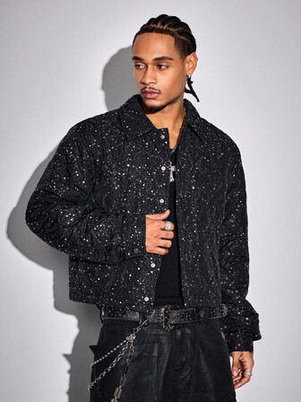 Men's Loose Fit Shiny Sequin Padded Coat, Fall/Winter