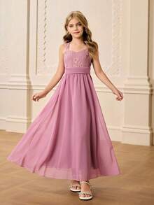 Girls' Lace Patchwork Chiffon Square Neck Wide Strap Sleeveless Dress,Dusty Pink,Summer,Elegant,Wedding Flower Girl Prom Birthday Party Graduation - Red Violet - View 1