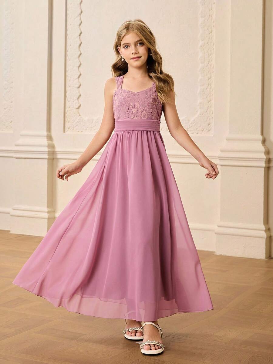 Girls' Lace Patchwork Chiffon Square Neck Wide Strap Sleeveless Dress,Dusty Pink,Summer,Elegant,Wedding Flower Girl Prom Birthday Party Graduation - Red Violet - View 1