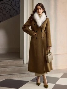 ZEYLAH Detachable Fur Collar Floral Chiffon Long Woolen Coat, Autumn/Winter - Brown - View 5