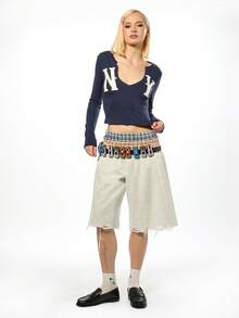 SUMWON WOMEN 棉质长袖纽约字母印花缺口领修身上衣女式秋冬休闲衬衫 - 藍色 - 查看 3