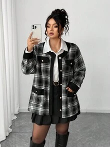 Elenzga Gothic Academia Check Detail Halloween Plus Size Coats Fall Winter Autumn - Black and White - View 6