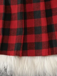 Sparklyn Áo khoác vest không tay kẻ caro đỏ đen cổ điển cho bé gái, kết hợp với áo cổ lọ tay dài và chân váy cạp chun, bộ 3 món - Đỏ - Xem 6