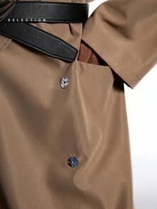 LYSMO 女士纯色翻领长袖宽松休闲风衣 - 卡其色 - 查看 13