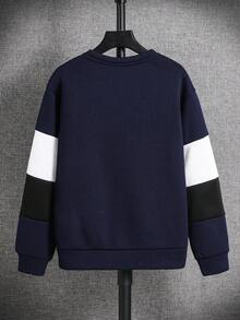 SHEIN Tween Boy Casual College Versatile Patchwork Long-Sleeved Round Neck Sweatshirt, Suitable For Autumn, Spring And Winter, Suitable For Outdoor Play, School, Street Shooting, Party And Home Leisure, High Cost Performance