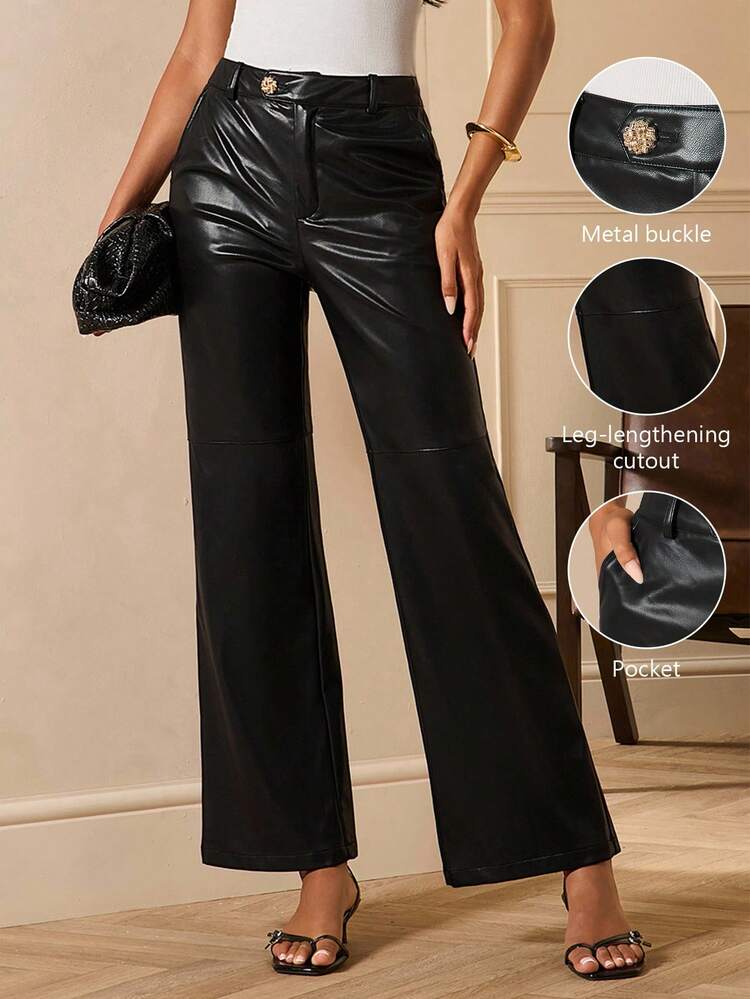 Lilora Women's Casual Commuter Slant Pocket PU Leather Wide Leg
