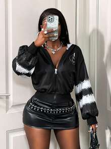 BamGleam 女士扎染落肩长袖拉链卫衣，万圣节 - 黑色 - 查看 6