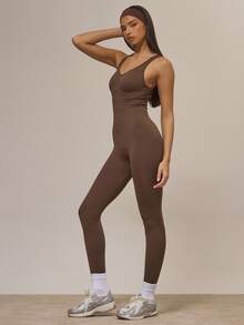 Musera Sport Cross Back Seamless Ribbed Sculpt Fitted Jumpsuit Active Sports Workout Cute Cinnamon Swirl Winter - Coffee Brown - View 2