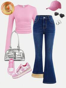 SHEIN 少女Y2K时尚休闲基础款深蓝色牛仔保暖内衬猫须高弹力修身喇叭裤，适合女孩秋冬日常穿着、街头风穿搭、万圣节和圣诞节装扮，保暖内衬牛仔裤，冬季牛仔裤，青少年牛仔裤 - 深色水洗藍 - 查看 2