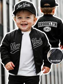 SHEIN 1pc Baby Boys Casual Black Woven Fabric White Letter Print Zip-Up Baseball Collar Long Sleeve Lightweight Jacket, Showcasing Style For Toddler Boys, Suitable For Back To School, Daily Outings And Leisure Activities Baby Boy Jacket Baby Black Jacket Baby Zip Up Jacket Baby Boy Bomber Jacket Toddler Zip Up Jacket Baby Boy Zip Up Jacket Boys Black Jacket Baby Bomber Jacket Baby Jacket Fall Winter - Black - View 2