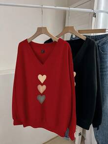 EMERY ROSE 2pcs Plus Size Women Heart Print V-Neck Loose Sweatshirt Set, Suitable For Fall/Winter - Multicolor - View 5