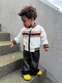 SHEIN Chaqueta reversible de manga larga con cremallera, cuello de canalé, estampado de letras y rayas de contraste para bebé/niño pequeño, chaqueta de bebé niño, chaqueta bomber reversible de estilo coreano para bebé niño, otoño e invierno - Multicolor - Ver 5
