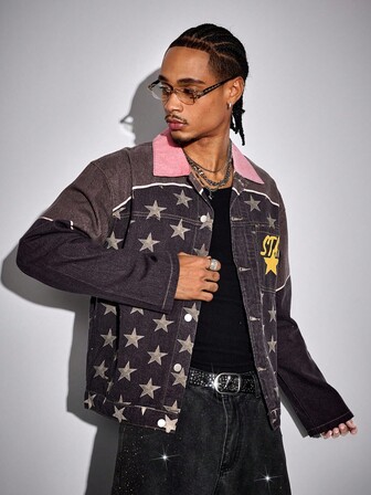 Street Life Chaqueta vaquera casual de una hilera de botones con estampado de estrellas de manga larga para hombre en otoño