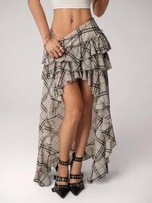 SHEIN ICON Women's Retro Plaid Asymmetrical Hem Pleated A-Line Skirt, Suitable For Back To School, Campus Party, Gathering