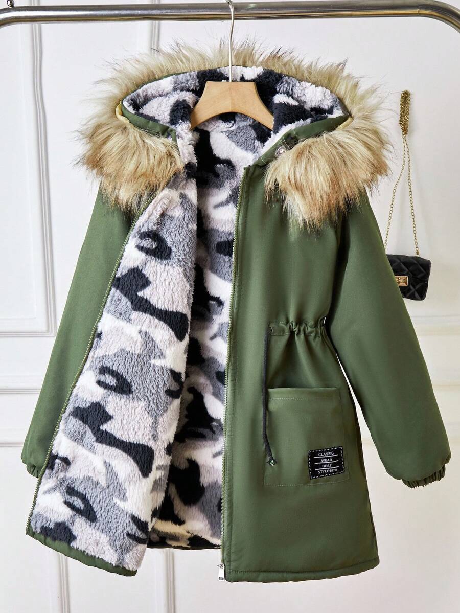 Tween Girls Grey Camouflage Thermal Lined Zip-Up Waist Drawstring Hooded Jacket Fall Winter