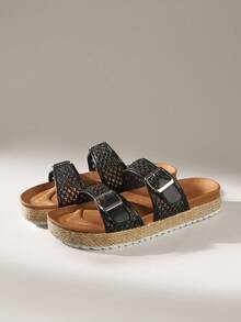 Solecia Women's Straw Woven Round Toe Flat Thick Sole Casual Vacation Beach Holiday Party Afternoon Tea Slip-On Sandals, Apricot - Apricot - View 2