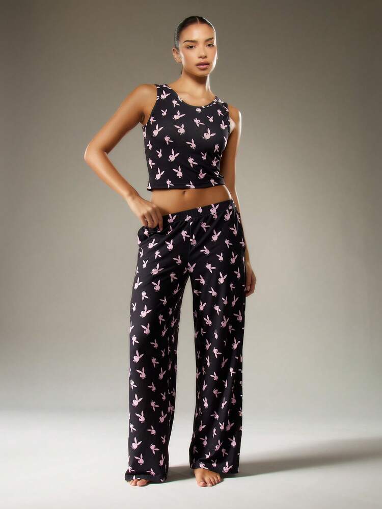 Missguided x Playboy Christmas Sleeveless Top And Wide Leg Pants With Bunny Print