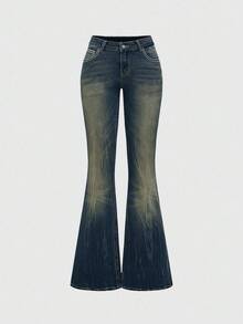 ROMWE Grunge Punk Jeans de tiro bajo con acampanado y corte crop, con bordado de cruz en los bolsillos, estilo vintage Y2K para mujeres