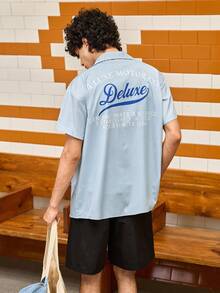 Open Phase STONE DISTRICT 男士休闲条纹标语印花短袖衬衫，夏季学院风，纽扣衬衫，春夏款 - 彩色 - 查看 2