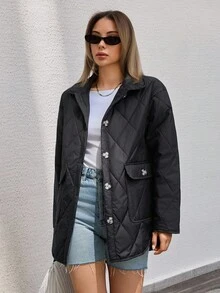 SHEIN Cottnline Quilted Jacket, Button Up Puffer, Lightweight Outerwear, Casual Fall Coat, Casual Street Style - Black - View 5
