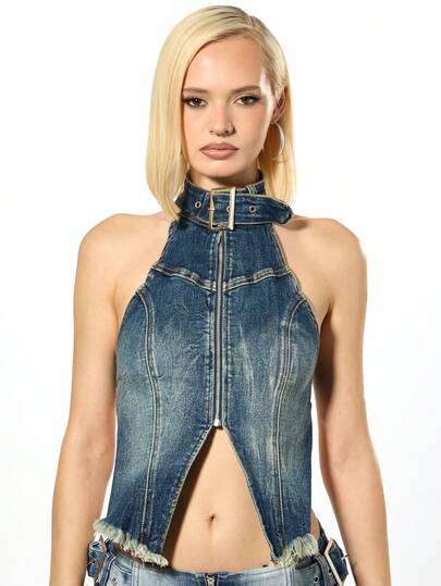 SUMWON WOMEN 棉质牛仔挂脖扣领拉链短款上衣节日夏季宣言