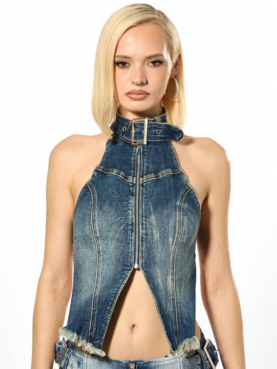 SUMWON WOMEN 棉质牛仔挂脖扣领拉链短款上衣节日夏季宣言 - 深色水洗藍 - 查看 1