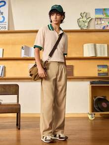 Open Phase STONE DISTRICT 男士休闲时尚 Polo 衫上衣，撞色罗纹柔软舒适亲肤面料基本款衬衫，优雅简约风格，学院风，秋季 - 杏色 - 查看 7