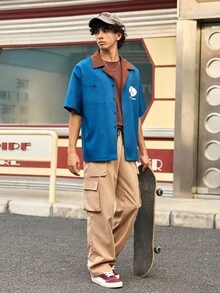 Open Phase STONE DISTRICT 男士纯色口袋设计休闲日常穿着工装裤，春夏休闲裤，复古美式，男女通用，宽松版型夏季服装——适合日常穿着和夏季度假穿着。 - 卡其色 - 查看 8