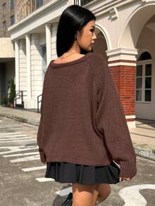 SHEIN EZwear Women's Solid Color Oblique Shoulder Raglan Sleeve Casual Loose Knit Sweater, Autumn/Winter Brown Sweater Off Shoulder Sweater Chocolate Brown Top - Brown - View 2