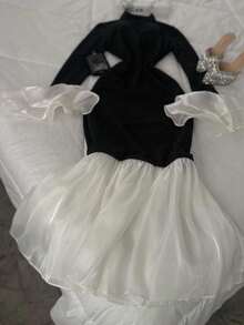 INAWLY Plus Size Color Block Stand Collar Ruffle Hem Fitted Long Sleeve Dress - Black - View 3