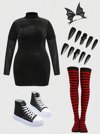 ROMWE Avant Costume d'Halloween grande taille Cosplay Robe moulante en velours avec manches en maille contrastée