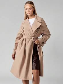 MISSGUIDED 女式双排扣风衣经典秋冬长款系带外套休闲商务办公装及膝轻便职业大衣 - 卡其色 - 查看 6