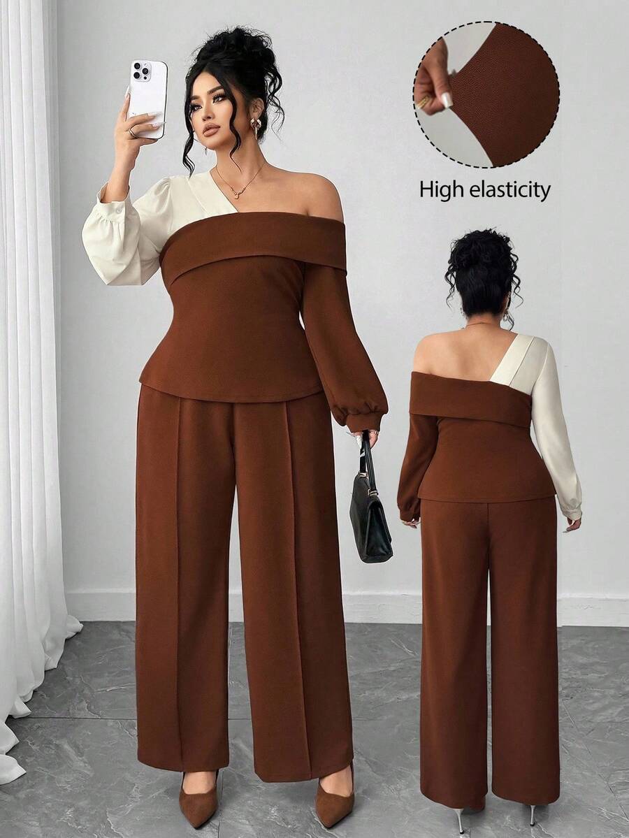 Elenzga 2pcs Plus Size Women's Knit & Woven Patchwork Asymmetrical Collar Shirt And Pants Set,White,Autumn,Elegant,Sequin,Dinner Elastic Comfortable Outfits - Brown - View 1