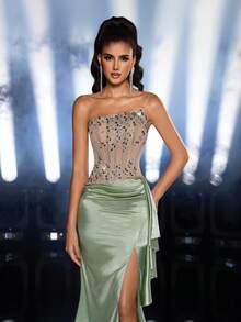 Glamrae 优雅绿色露肩斜肩缎面撞色裸色网眼鱼骨带奢华手工钻石链鱼尾侧高开衩侧垂褶荷叶边适合约会、度假、生日、成人礼、毕业典礼、返校、派对、舞会、婚礼活动、正式晚礼服 - 綠色 - 查看 7