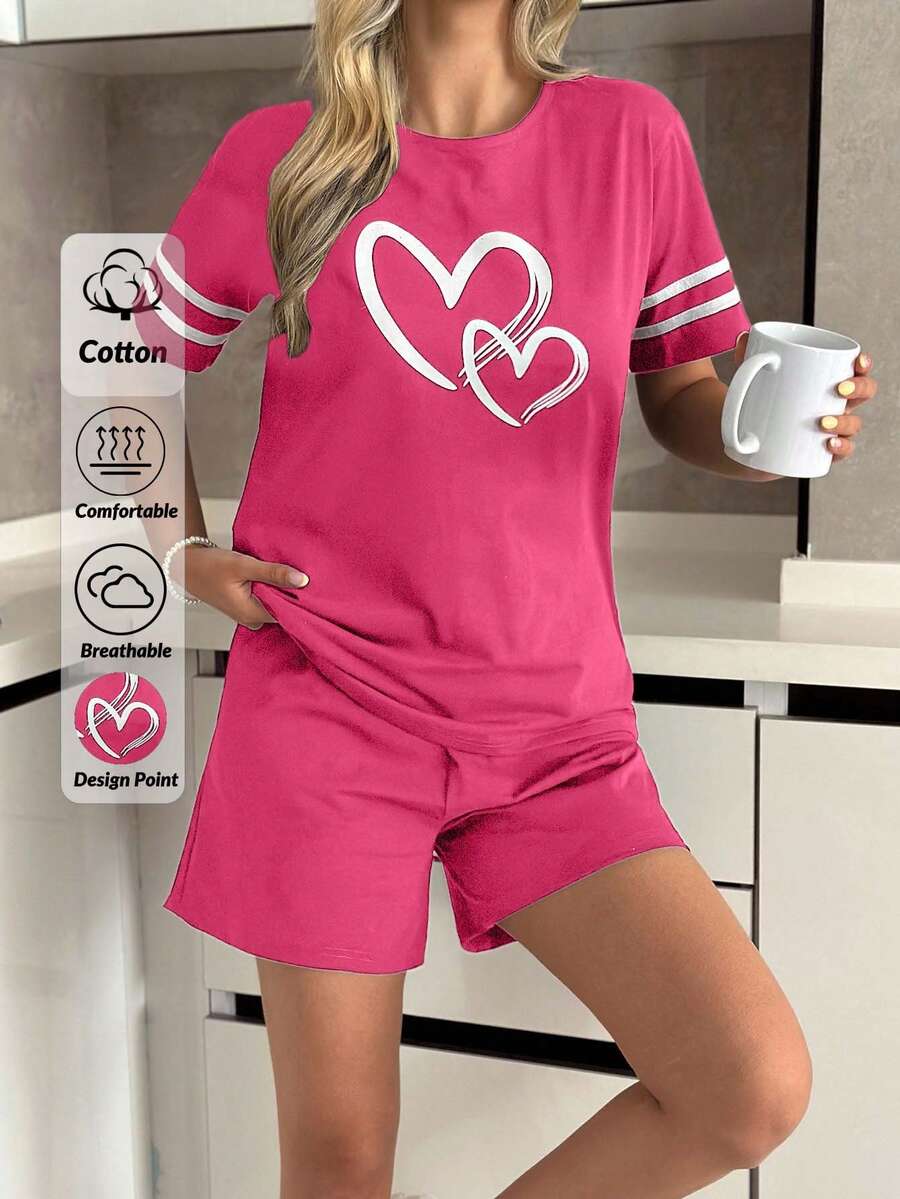 RueChic 女士两件套加大条纹心形印花短袖衬衫和短裤家居睡衣套装 - 玫紅色 - 查看 1
