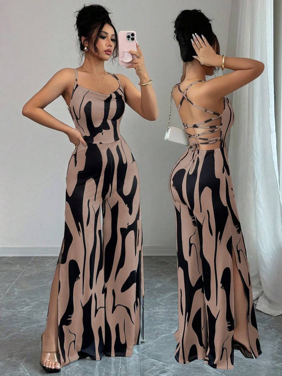 Rafferiza 女式性感低胸露背系带紧身连衣裤 - 駝色 - 查看 1