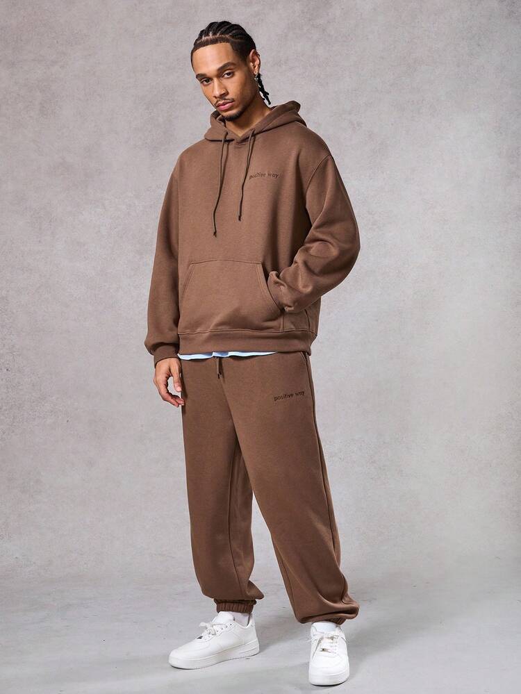 Solid Color Brown Thermal Lined Drawstring Waist Jogger Suit For Men, Autumn/Winter