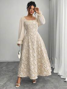 Elenzga Váy chữ A dài tay bằng vải chiffon jacquard thanh lịch dành cho nữ cỡ lớn đầu thu - Màu be - Xem 6